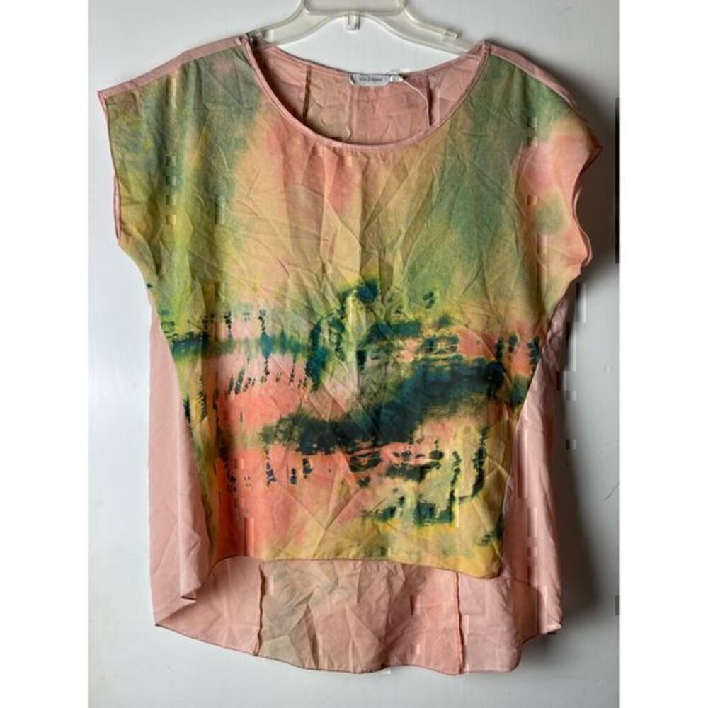 Fun Pink, Green & Yellow Flowy Short Sleeve Blouse by Blu Pepper Size Large